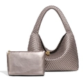 Metallic bronze hand-woven dumpling bag set with golden ball buckle and inner pouch - Metallic Grey