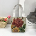 Ethnic style mini tote bag with red rose and sunflower gold embroidery and woven handles - Style 6-Vintage Rose