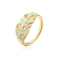 Detailansicht Blattring Gold mit hellblauem Emaille und Zirkon-Besatz auf Weiß - Hellblaues Blatt (13007) / Gold + Hellblau