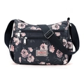 Floral print navy nylon crossbody bag with multi-zipper pockets and adjustable strap - Ink Blue Rose