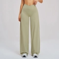 Pantalon de yoga large vert olive clair avec design chic à taille haute croisée - Vert Mousse