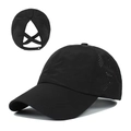 Women's black ponytail baseball cap with breathable mesh and elastic criss-cross back - Adjustable / Black