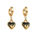 Golden heart hoop earrings with black enamel drip effect, minimalist stainless steel jewelry - Black Enamel Drip Heart