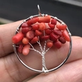 Handmade wire wrapped life tree pendant with red gemstones in silver finish - Coral