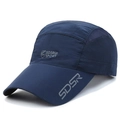 Dark blue quick-dry sports sun hat with breathable mesh and side graphic lettering - Adjustable / Navy Blue