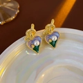 Vintage heart-shaped gold studs with purple enamel, green accents, and a central pearl - Purple Heart Enamel Pearl Studs