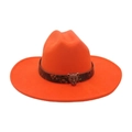 Orange wide brim felt fedora hat with leopard print band and leopard head ornament - One Size / Orange