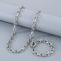 Silver stainless steel cuban chain set with necklace and zircon T-bar bracelet - Edge-cut O-Chain (9.5mm) / Bracelet 21cm / Steel