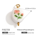 Stainless steel round charm pendant with pink rose pattern and 18K gold plated loop - PJ92709-Pink Rose Round Charm