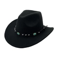 Black wool felt cowboy hat featuring silver studs and turquoise gemstone accent band - M (56-58cm) / Black