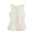 Détail du gilet en maille crème avec boutons dorés décoratifs et ourlet péplum élégant - S / Blanc