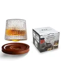 Verre à whisky rotatif 160ml avec texture diamant et socle en bois en coffret - Motif à Carreaux / Avec Boîte de Couleur + Base en Bois