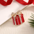 Christmas red gift box brooch with gold bow and rhinestones for dress accessory - BR0066-Red Gift Box
