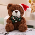 Detail of a brown teddy bear with a red Santa hat and green bow in a cozy indoor setting - Green Bow Tie Style (Dark Brown Bear)
