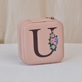Pink PU leather jewelry box with zipper and floral letter U printed on top cover - Print U