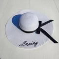 White woven wide brim sun hat with black ribbon bow and Loxing embroidery detailing - M (56-58cm) / White (Loxing Embroidery)