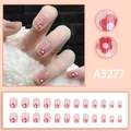 Short cute pink floral press-on nails with red and white flower patterns for girls - Pink Flower Style (A3277) / Glue Type