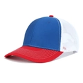 Classic tri-color trucker hat with blue crown, red brim, and white breathable mesh - Adjustable / Red and Blue