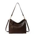 Dark brown leather tote bag with dual straps and decorative metal tag in vintage style - Brown