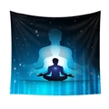 Detail of meditation tapestry showing blue lotus pose figures against starry universe background - Qy419-8