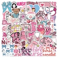 Adesivi infermiera rosa con stetoscopi e simpatici motivi medici in stile cartone - 50 fogli/confezione / Tema Infermiera Fiocco Rosa