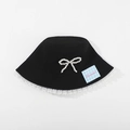 Kids black cotton bucket hat with pearl bow, lace trim and blue gingham patch detail - CM8005 Pearl Lace Series / Black