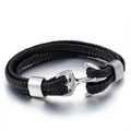 Men's multi-layer black braided leather bracelet with silver steel anchor clasp detail - Steel Black Braided Rope (KB86968-SJ)