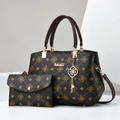 Dark brown textured leather handbag and wallet set with golden clover patterns - Coffee