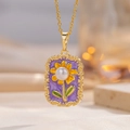 Vintage enamel sunflower necklace with fresh water pearl inlay and gold steel chain - Purple (A13)