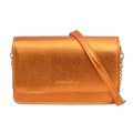 Orange crossbody flap bag with textured cross-pattern and gold chain strap detail - Orange