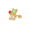 Golden bear stud earring with green cat-eye stone, white zircon and red crystal accents - Bear (K-359)