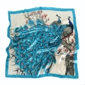 Peacock print silk square scarf with vibrant feathers and blue border for women - Peacock Blue Peacock
