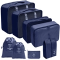Deep blue 8-piece travel luggage organizer set with mesh cubes and drawstring bags - Drawstring Bag 8-Piece Set / Navy Blue