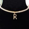 Gold plated choker with letter R pendant and clear zircons on black display - Letter R [Gold]