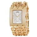 Detailed close-up of a gold square dial quartz watch with wide metal chain link strap - White Dial Gold Strap Without Diamonds
