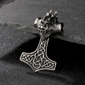 Viking Thor’s Hammer pendant with dragon head and Celtic knots in silver steel - 61*37mm Dragon Head Mjolnir (KP53894-BD) / Antique Silver