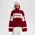Winter oversized red and white striped sweater with APRES SKI text and snowflake pattern - S / Red