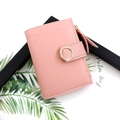 Pink faux leather short wallet for women featuring golden ring clasp and side zipper pocket - Pink