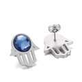 Silver Hamsa Hand stud earrings with a large blue crystal inlay and brushed metal finish - Blue Crystal Hamsa Hand Stud Earrings Style (KE58255-K)