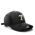 Distressed black washed denim baseball cap with beige towel embroidered letter T - Black