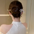 Pic à cheveux chinois avec éventail doré et glands en perles mauves sur chignon - Pompon Perle Rose En Forme D'éventail Dégradé Doré (11#)