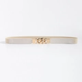 Elastic beige waist belt for dresses with white leather ends and a golden chain link buckle - Beige Gold