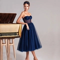 Elegant dark blue strapless party dress with boned mesh bodice and layered tulle skirt - US size 2 (S) / Navy Blue