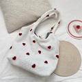 Sweet white fluffy tote bag with red heart embroidery for autumn and winter style - Heart White