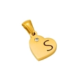 Close-up of heart-shaped gold letter S pendant featuring a small sparkling rhinestone - Letter S