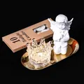 Nordic glass crown candle holder set with gold tray, tealights, and angel figurine - Transparent Crown Holder + Praying Angel Boy (White) Set