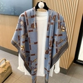 Blue linen square scarf featuring classic brown and gold equestrian chain patterns - 130*130cm / Blue Brown Equestrian Chain (MZF-085)