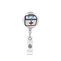 Detail of retractable badge reel with medical first aid kit cartoon icon on white background - Medical Kit