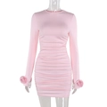 Close-up of 3D rose flower cuff detail on elegant pink long sleeve bodycon dress - S / Pink