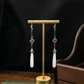 New Chinese long tassel earrings with white jade-like drop and colorful beads - Three-color Cloisonne Enamel Water Drop (E5445-1)